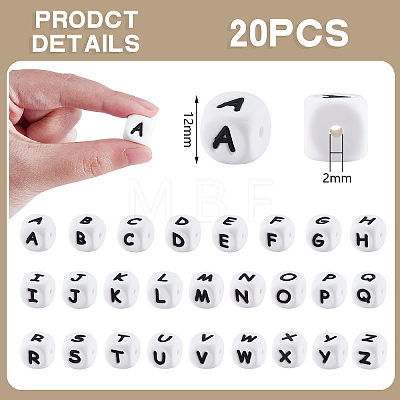 20Pcs White Cube Letter Silicone Beads 12x12x12mm Square Dice Alphabet Beads with 2mm Hole Spacer Loose Letter Beads for Bracelet Necklace Jewelry Making JX432I-1