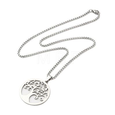 304 Stainless Steel Box Chain Tree of Life Pendant Necklaces for Women Men NJEW-U005-04P-1