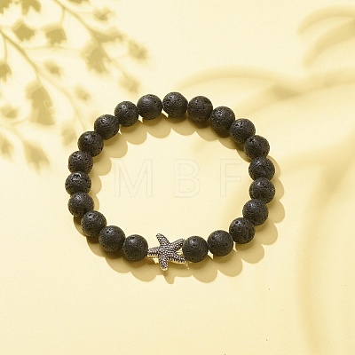 Natural Lava Rock Stretch Bracelet with Alloy Starfish BJEW-JB08192-05-1