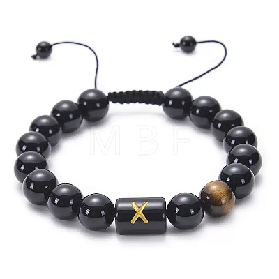10MM Natural Black Onyx(Dyed & Heated) and Tiger Eye Alphabet Round Braided Bead Adjustable Bracelets for Women DM6424-24-1