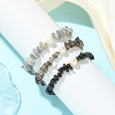 3Pcs 3 Styles Natural Mixed Gemstone Chip & Cultured Freshwater Pearl Beaded Stretch Bracelets Set for Women BJEW-JB13762-09-1