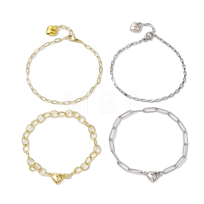 4Pcs 4 Style Brass and 304 Stainless Steel Paperclip  Chain Bracelets Sets BJEW-JB11050-1