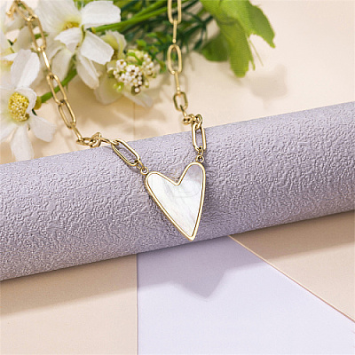 Natural Shell Heart Pendant Necklace with Stainless Steel Paperclip Chains IQ7813-1-1