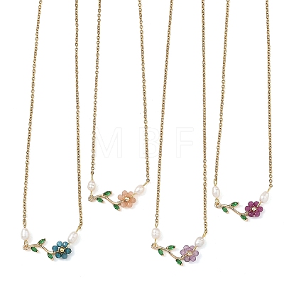 Natural Stone Beaded Flower Brass Pave Green Cubic Zirconia Branch Pendant 304 Stainless Steel Cable Chain Necklaces for Women NJEW-JN06415-1