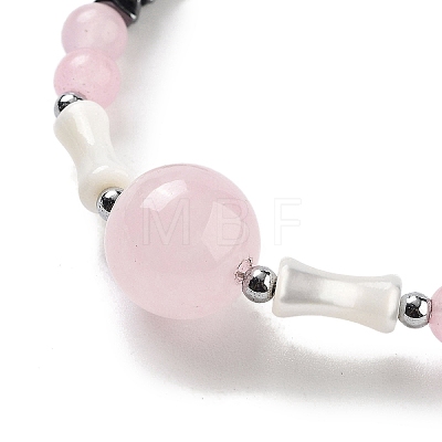 Natural Rose Quartz Round & Synthetic Non-magnetic Hematite & White Shell Beaded Bracelets for Women BJEW-K251-02A-1