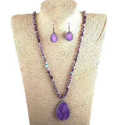 Teardrop Bohemian Style Glass with Natural Shoushan Stone Pendant Necklace & Dangle Earrings Sets FS-WG0DE9F-02-1