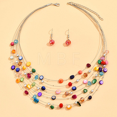 Bohemian Style Alloy & Shell Flat Round Beaded Multilayer Necklaces & Dangle Earrings Sets FS-WGABD8B-01-1