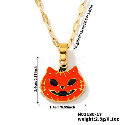 Stainless Steel Enamel Halloween Cat Pumpkin Pendant Dapped Chain Necklaces TA2599-1