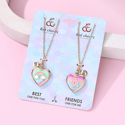 2Pcs 2 Styles Alloy Enamel Rainbow Flower Heart Photo Locket Pendant BFF Necklaces WG3E2EF-01-1