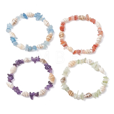 4Pcs Natural Mixed Gemstone & Sea Shell Beads Stretch Bracelets for Women BJEW-TA00710-1