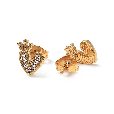 Heart with Crown 304 Stainless Steel Rhinestone Stud Earrings EJEW-A081-16G-01-1