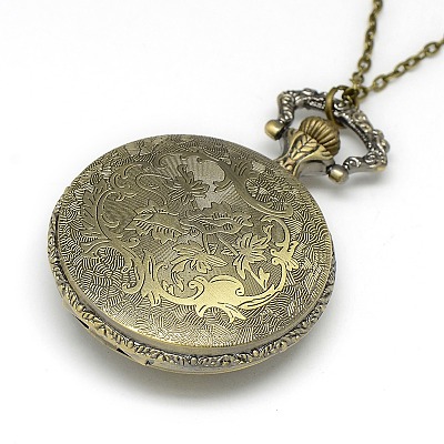 Alloy Flat Round with Dragon Pendant Necklace Pocket Watch X-WACH-N012-27-1