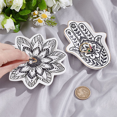 2Pcs 2 Styles Floral Hamsa Hand Flower Porcelain Trinket Dishes AJEW-ME0003-92-1