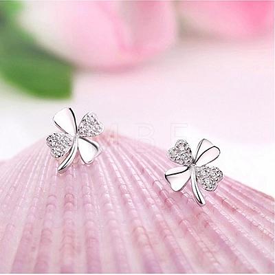 Real Platinum Plated Brass Four Leaf Clover Stud Earrings EJEW-EE0001-231-1