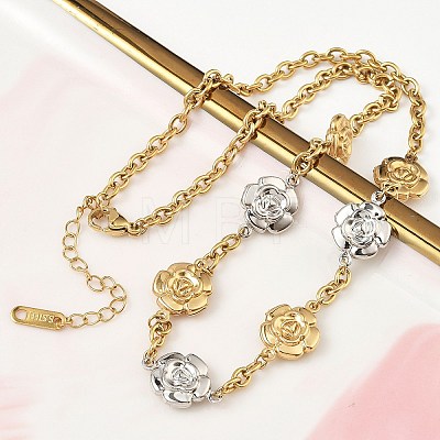 Two Tone 304 Stainless Steel Flower Link Chain Necklaces for Women NJEW-A074-06GP-1
