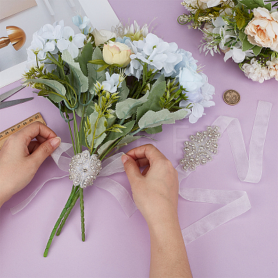 2Pcs Glass & Alloy & Polyester & Resin Flower Bouquet Ribbon DIY-FG0010-24-1