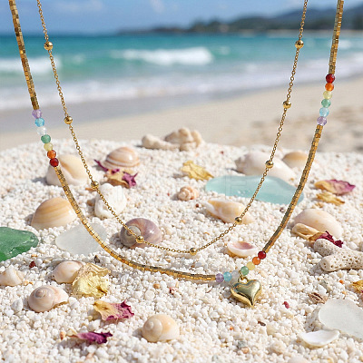 Rainbow Natural Mixed Stoned Beaded Double Layer Necklaces with Stainless Steel Heart Pendant for Beach Vacation KB9378-1-1