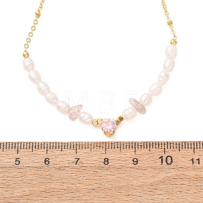 Natural Strawberry Quartz Chip and Rice Natural Pearl Beaded Necklaces GG-CBA3297-15G-H-1