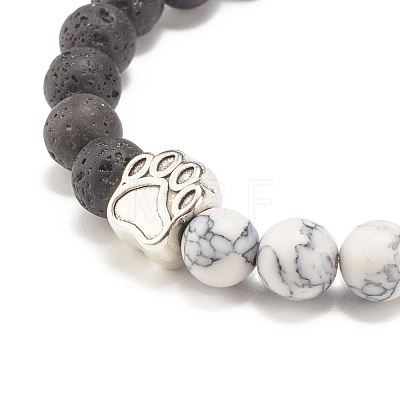 Synthetic Howlite & Natural Lava Rock Round Beaded Stretch Bracelet with Alloy Paw Print BJEW-JB07843-1