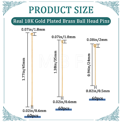 CREATCABIN 180Pcs 3 Styles Brass Ball Head Pins KK-CN0003-01-1