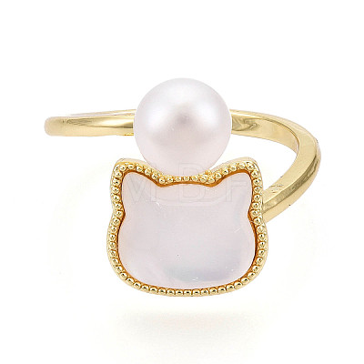Brass & Natural Pearls Adjustable Open Cuff Rings for Women PEAR-N020-07J-1