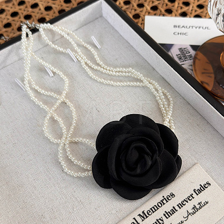 3 Layer White Round Faux Pearl 3D Rose Flower Pendant Choker Necklaces for Women WG1928F-03-1