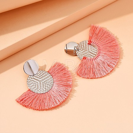Flat Round with Fan Bohemian Style Iron Tassel Stud Earrings FS-WGA1D99-03-1