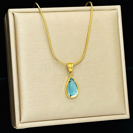 304 Stainless Steel Glass Teardrop Pendant Round Snake Chain Necklaces for Women WGB210E-01-1