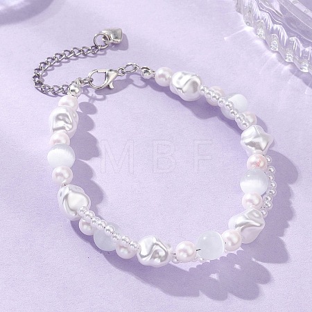 Plastic Imitation Pearl & Cat Eye Beaded Bracelets for Women BJEW-JB12912-1