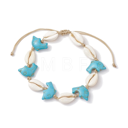 Natural Mixed Cowrie Shell with Synthetic Turquoise Beaded Anklets AJEW-AN00596-03-1