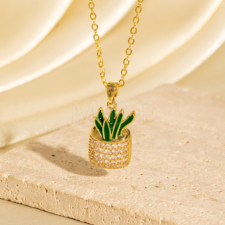 Cinco de Mayo Brass Pave Cubic Zirconia Enamel Green Cactus Pendant Necklaces for Women WG6DDE4-04-1
