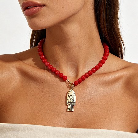 Summer Beach Bohemian Alloy Fish Pendant Resin Round Beaded Necklaces for Women WG6850D-01-1