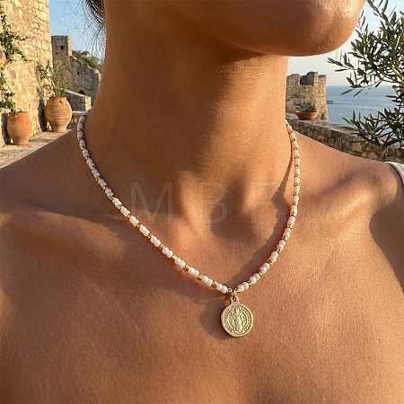 304 Stainless Steel Saint Benedict Medal Pendant Glass and Brass Beaded Short Necklaces for Women Daily Wear LS-AB8901-1