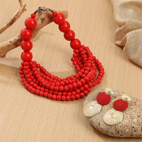 Wood Round Beaded Multilayer Necklaces & Alloy Flat Round Dangle Earrings Sets FS-WG02398-01-1