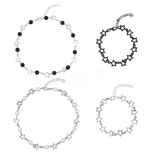 FIBLOOM 4Pcs 4 Style Alloy Hollow Star Link Chain Bracelets & Necklaces with ABS Plastic Pearl Beaded SJEW-FI0001-09-1