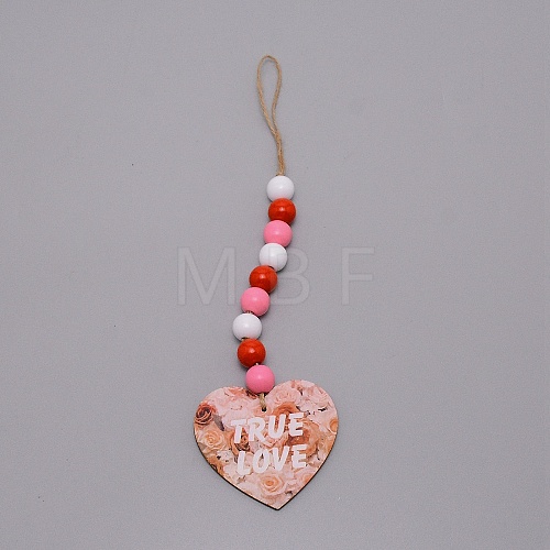 Valentine's Day Theme Schima Wood Beads & Hemp Rope Pendants Decorations HJEW-TAC0012-14-1