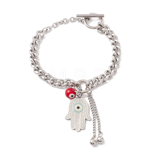 Round Lampwork & Hamsa Hand with Evil Eye Charm Bracelet with 304 Stainless Steel Chain for Women STAS-P304-17P-1