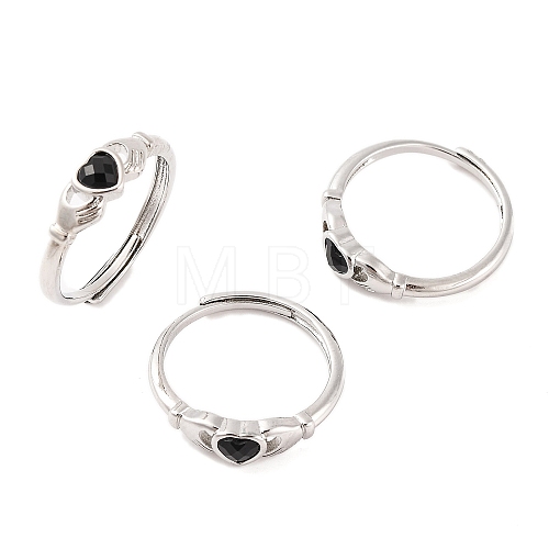 Hand with Heart Natural Dyed & Heated Black Agate Agate Adjustable Rings RJEW-Q817-06P-03-1