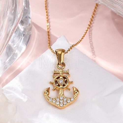 304 Stainless Steel Crystal Rhinestone Anchor Pendant Necklaces NJEW-Z057-01B-G-1