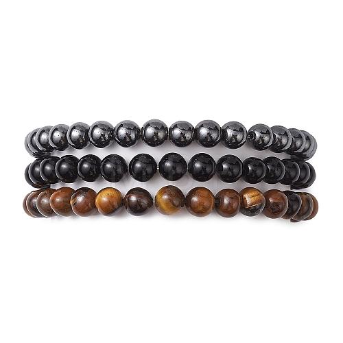 3Pcs 3 Style Natural & Synthetic Mixed Stone Round Beaded Stretch Bracelets BJEW-JB10178-02-1