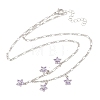 Brass Pave Lilac Cubic Zirconia Flower Pendant Figaro Chain Bib Necklaces for Women NJEW-F364-01P-4