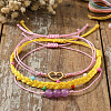 3Pcs 3 Styles Natural Amethyst & Glass Round Beads Braided Bead Bracelets & Stainless Steel Heart Link Bracelets LB7339-1-3
