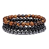 3Pcs 3 Style Natural Tiger Eye & Black Agate & Hematite Round Beaded Stretch Bracelets Set PW23030762062-1