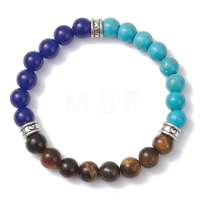Round Natural Tiger Eye & Dyed Malaysia Jade & Synthetic Turquoise Beads Stretch Bracelets for Women BJEW-JB12744-1