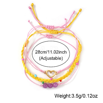 3Pcs 3 Styles Natural Amethyst & Glass Round Beads Braided Bead Bracelets & Stainless Steel Heart Link Bracelets LB7339-1-1