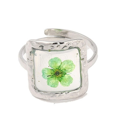 Pale Green Square Epoxy Resin with Dry Flower Adjustable Rings RJEW-G304-03P-02-1