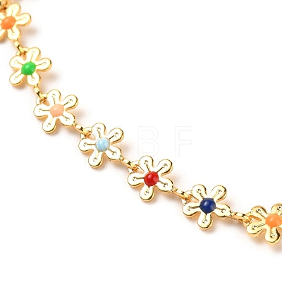 Brass Enamel Flower Link Chain Anklets AJEW-AN00316-1