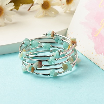 5-Loop Natural Amazonite Chip Beaded Wrap Bracelets for Women BJEW-JB01517-06-1