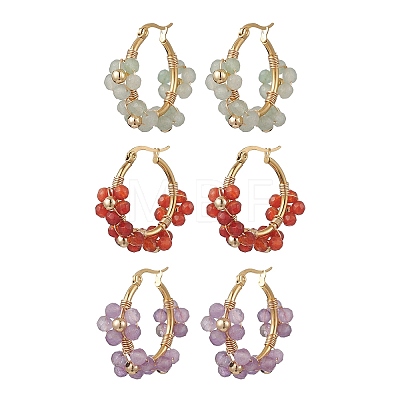 3 Pairs Flower Brass Natural Gemstone Hoop Earrings EJEW-TA00781-1