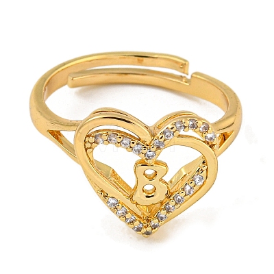 Heart with Letter Rack Plating Brass Micro Pave Clear Cubic Zirconia Adjustable Rings for Women RJEW-I105-01G-B-1